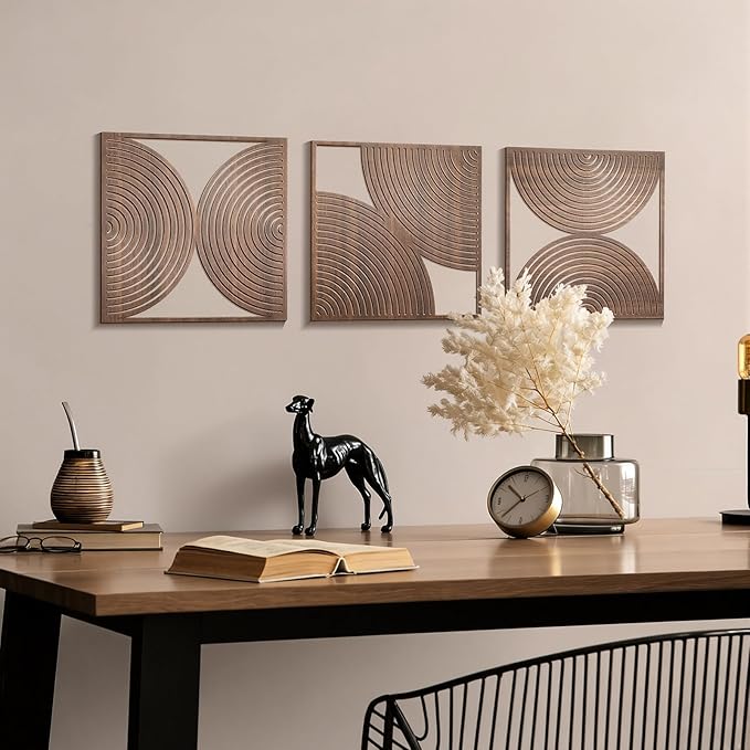 Yerliker 3 Pcs Mid Century Modern Wood Wall Art Decorations 3D Geometric Abstract Wall Sculpture for Living Room Bedroom Office Minimalist Aesthetic(Mid Century,11.8 x 11.8 x 0.2 Inch)