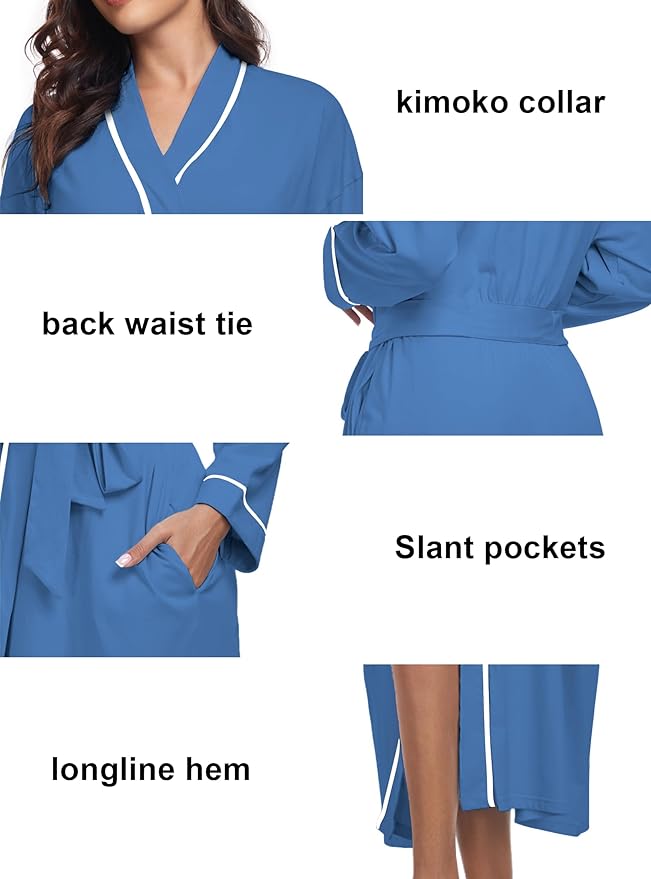 COLORFULLEAF 100% Cotton Women's Robes Summer Lightweight Kimono Soft Long Cotton Bathrobe for Women with Pockets