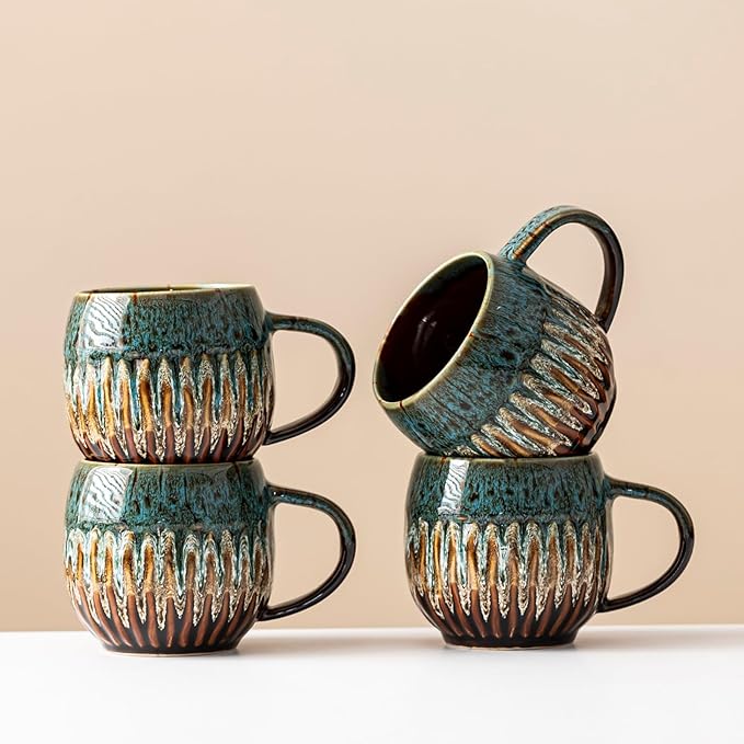 13oz Large Coffee Mug - Unique Handcrafted Look Ceramic Cup, Large Tea Mug, Microwave & Dishwasher Safe (blue,Set of 4)