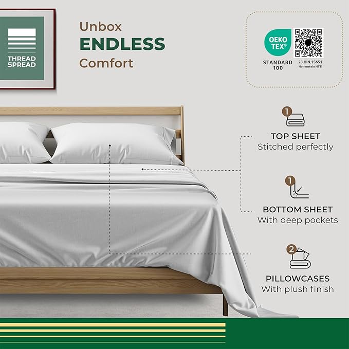 THREAD SPREAD 100% Organic Cotton Sheets California King Size - 4 PC Cal King Size Percale Weave Sheet Set, Soft, Cooling, Crisp & Breathable, 16" Deep Pocket Hotel Quality Bedding Set - Light Grey