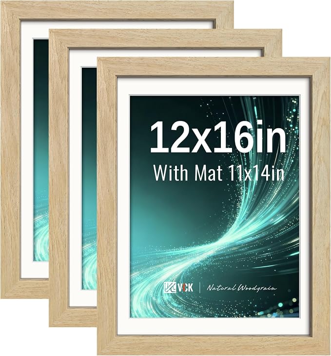VCK 12x16 Picture Frames Natural - 3 Pack, Wide Border Solid Wood, Tempered Glass, Display 11x14 Photo with Mat or 12 x 16 Without, for Home, Office, Gallery, Woodgrain Series, Wall Hanging