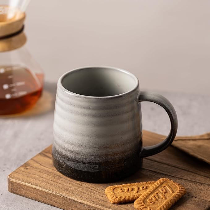 15.5 Oz Large Reactive Glaze Ceramic Mug, Heavy Weighted Stoneware Coffee Cup, Wide Base, Thick Wall Big Tea Cup with Custom Package Box, Microwave & Dishwasher Safe (Grey Black)