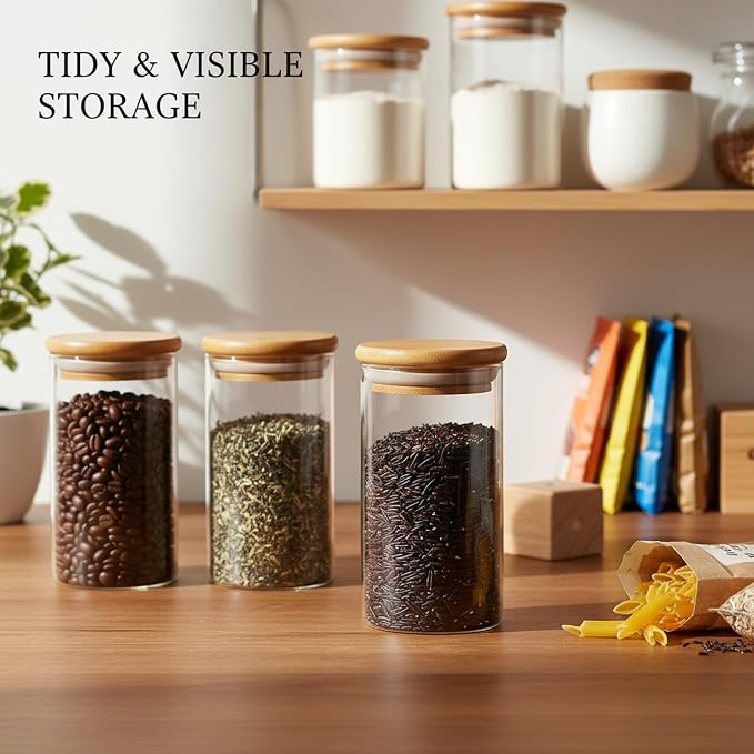 Borosilicate Glass Storage Jar with Bamboo Lid, Airtight Dry Food Canister for Kitchen Pantry & Countertop Organization