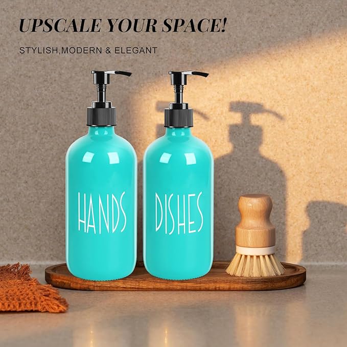 Glass Soap Dispenser with Plastic Pump for Kitchen - 16 OZ Glass Hand, Dish Soap Dispenser Set - Kitchen, Bathroom Decor and Accessories (Teal)