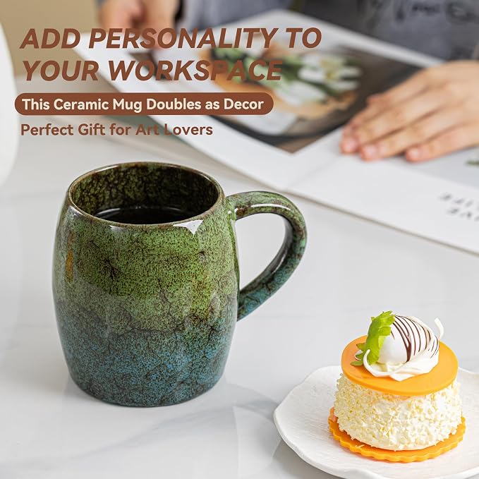 Handmade 22oz Ceramic Coffee Mug, Ergonomic Large Handle, Ideal Gift for Coffee Lovers, Microwave & Dishwasher Safe (Minute-Green&Blue)