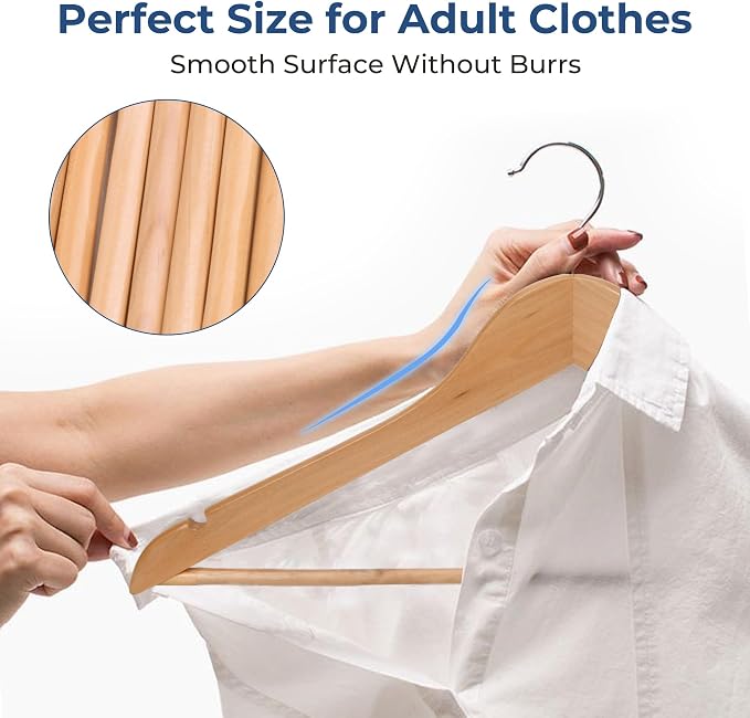 JS Hanger Wooden Coat Hangers, 20 Pack High Grade 17.5 Inch Wood Suit Hangers with Non Slip Pant Bar - Extra Smooth and Splinter Free Natural Finish Wooden Suit Hangers for Closet Organization