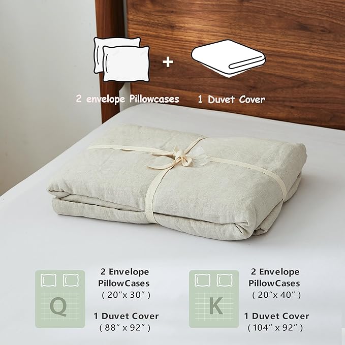 100% Linen Duvet Cover Set, 3 PCS Natural French Flax Linen Duvet Cover King Size, Breathable Soft Comfy Linen Bedding Comforter Cover with 2 Pillowcases(Linen, 104" x 92")