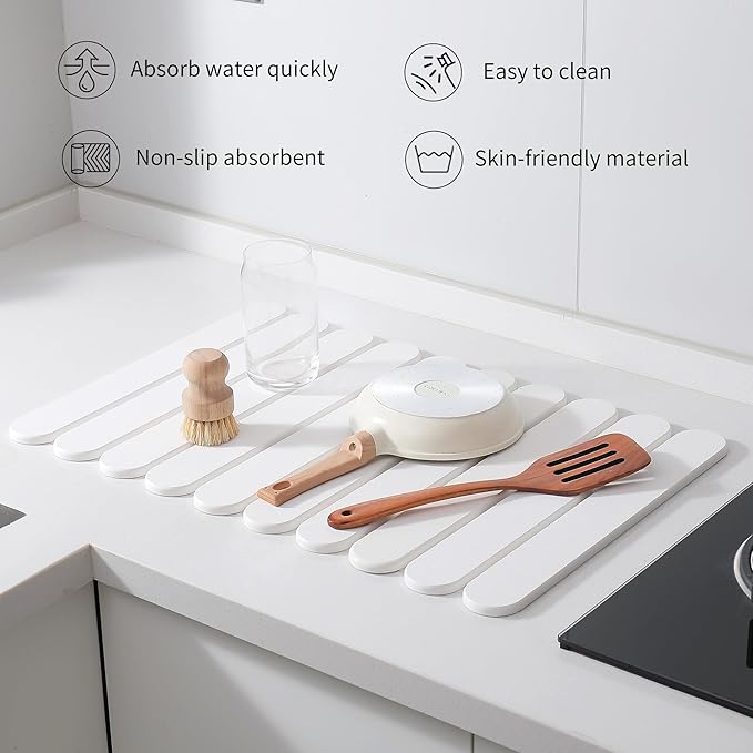 Large White Stone Dish Drying Mats for Kitchen Counter, Quick Dry Collapsible Eco-Friendly Super Absorbent Diatomaceous Earth Heat-resistant Mat for Dishes Bottles Cups, Match Any Countertop 24"×16"
