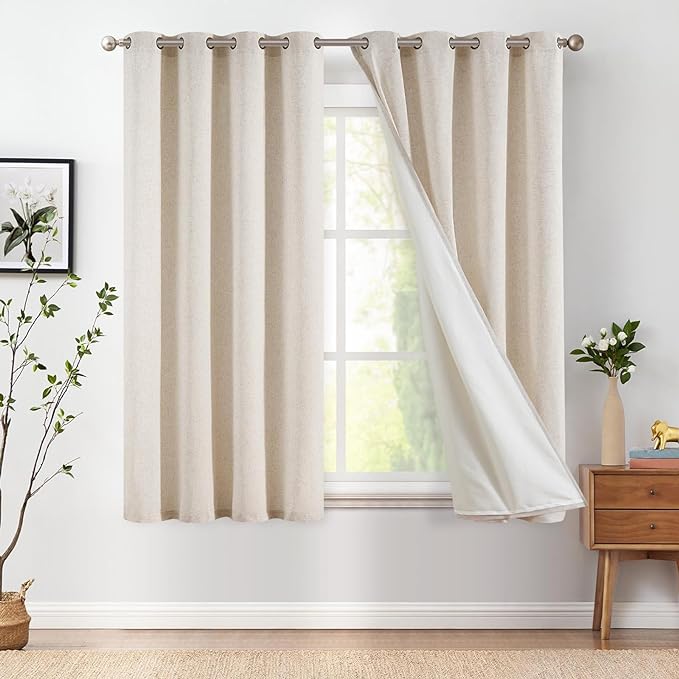 jinchan Lined Linen Blend Curtains 72 Inch Long for Living Room Darkening Beige Curtains for Bedroom Bathroom Burlap Boho Drpaes Grommet Thermal Insulated Drapes Filtered but with Privacy 2 Panel Set