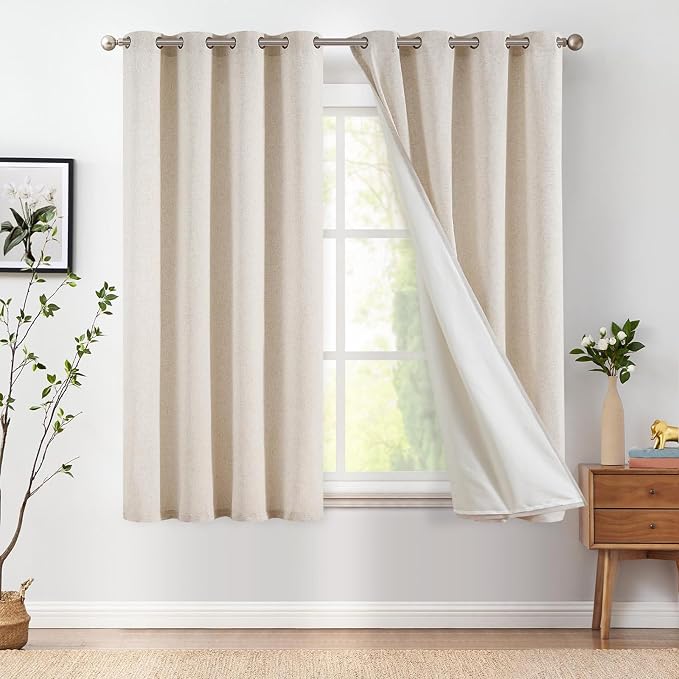 jinchan Beige Linen Curtains for Living Room Darkening 54 Inch Long Light Blocking Privacy Curtains Thermal Insulated Lined Drapes Grommet Flax Drapes for Kitchen Window Over Sink 2 Panel 50" W x 54L