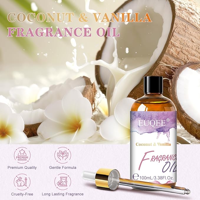 EUQEE 100ML/3.38 Fl Oz Coconut & Vanilla Fragrance Oil with Glass Dropper, Essential Oil for Diffuser for Home, Yoga, Long Lasting Scented Oil for Candle Making, Handmade Soap Making, DIY Perfume