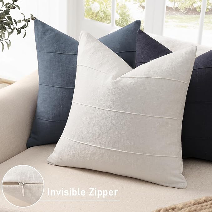 Decorative Linen Throw Pillow Covers 22x22 Set of 2 Solid handcrafted Striped Cushion Covers for Bed Soft Modern Farmhouse Neutral Pillowcase for Couch Bedroom Living Room Home Decor(Cream White)
