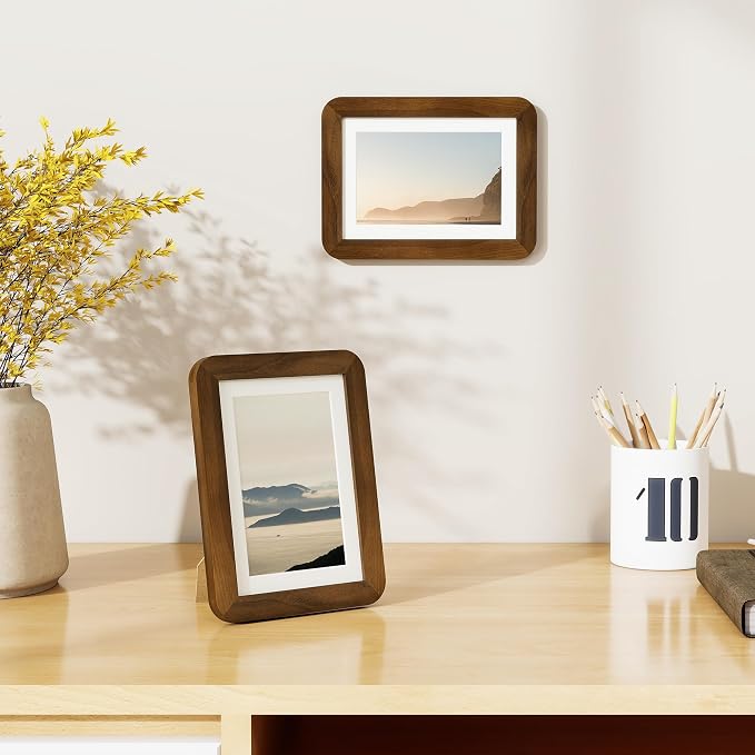 Fun Memories 5x7 Picture Frame - Solid Walnut Wood Frame, 5x7 Photo Frame with Mat for 4x6, 5 By 7 Picture Frame with Tempered Glass & Rounded Corners, Tabletop and Wall Display, Natural Walnut