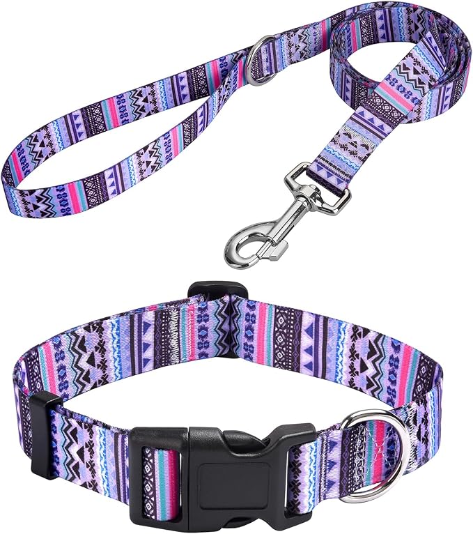 MarukoPet Dog Collar and Leash Set, Adjustable for Small Medium Large Dogs Puppy, Cute Design with Bohemia Floral Tribal Geometric Patterns Boys Girls Dog Collar(Purple Bohemia Set,L)