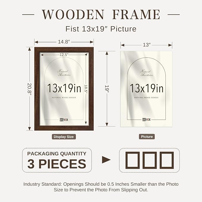 VCK 13x19 Picture Frame 3 Pack - Brown Solid Wood Poster Frames, Textured Exclusive Wood Wall Gallery Frame