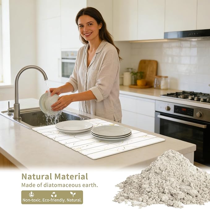 Stone Dish Drying Mat - Large Foldable Marbled Quick Drying Dish Mats With Stone Coasters Set of 4 Collapsible Ultra Absorbent Diatomaceous Earth Mats for Kitchen Counter Bathroom (White)