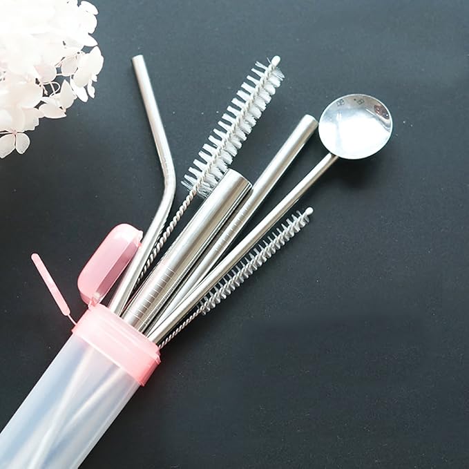 Stainless Steel Straws Spoon Drinking Straws Reusable Set of 6 Bent and Straight Cleaning Brush Included