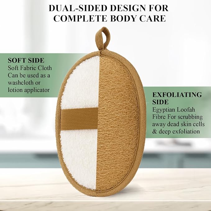 Natural Egyptian Loofah Body Scrubber (Pack of 2) – Dual-Sided Bath Sponge with Terry Cloth, Gentle Exfoliating Shower Loofah for Women & Men, Soft Body Wash Pad for Smooth Skin