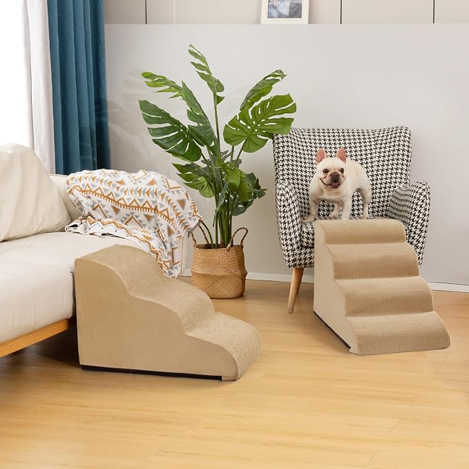 Aodisman Dog Steps for Bed, 4-Step Dog Stairs Ramp for Small Dogs and Cats, Indoor Non-Slip Pet Stairs Suitable for Older, Short-Legged, and Puppy Dogs to Climb Onto High Beds and Couch, 17.4" H,Khaki