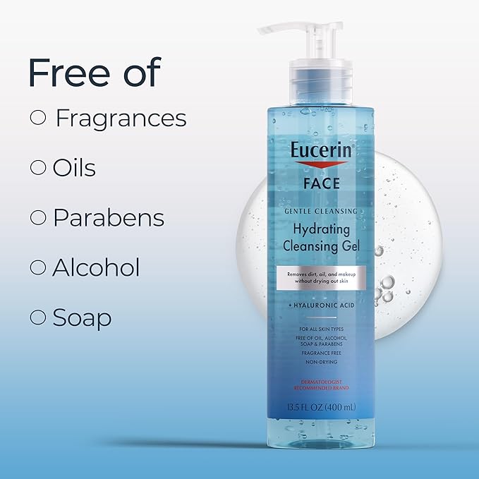 Eucerin Face Gentle Cleansing Hydrating Cleansing Gel,Daily Face Wash and Makeup Remover with Hyaluronic Acid,13.5 Fl Oz Bottle,(Pack of 2)