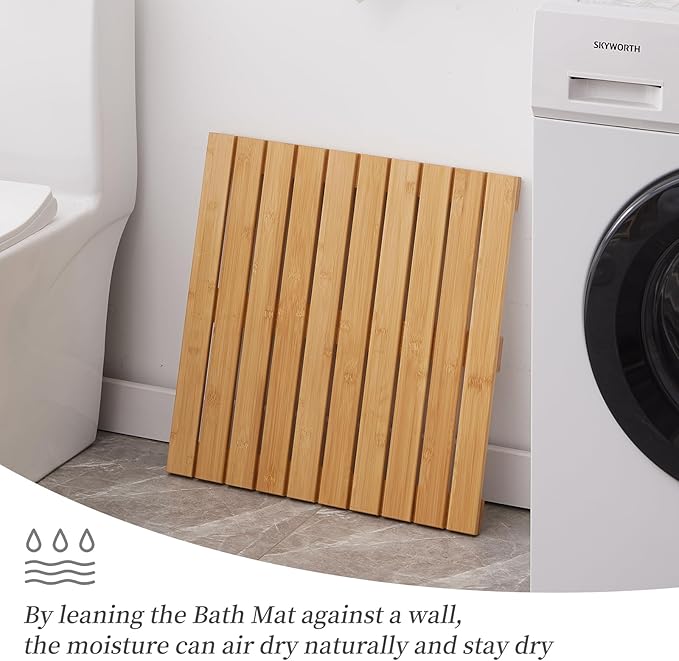 Bamboo Bath Mat for Shower with Non-Slip Rubber,Bathtub Mat,Floor Mat,Shower Mat for Indoor,Outdoor,Spa, Sauna, Pool (Natural, 20 * 20 * 1.4 inches)