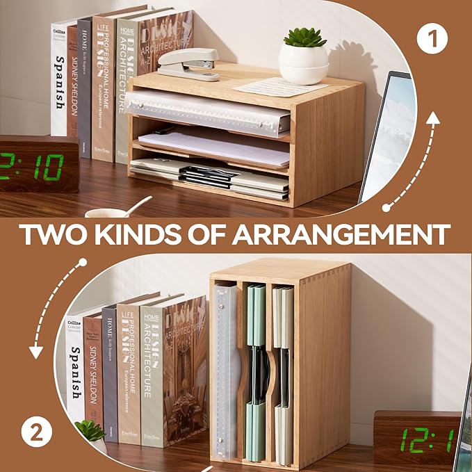 KIRIGEN Wooden Desktop Organizer, 3 Tier Solid Wood Letter Tray and Paper File Sorter for Desk, Freestanding Office Document Holder for Mail, Magazines, Folders, Natural 3KWJG-NA
