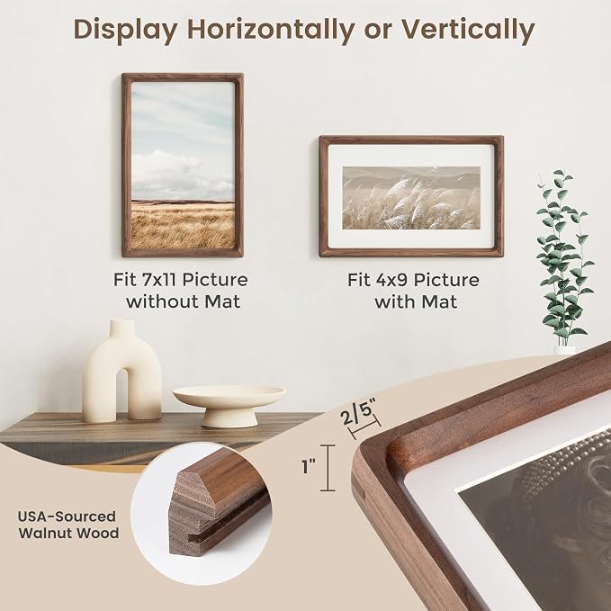 7x11 Picture Frame, USA-Sourced Walnut Wood Photo Frames with HD Tempered Glass, Handcrafted Rounded Corner 7 x 11 Wooden Frame Matted to 4x9 Photos, 7x11 Frames, Tabletop or Wall Display