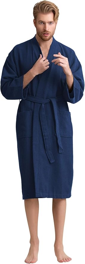 Men's Luxury Waffle Weaved Cotton Bathrobe - Lightweight & Soft - Quick Dry & Absorbent - Spa Robe for Men