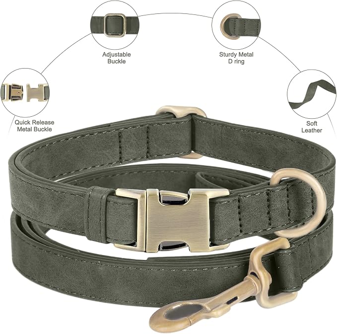 Genuine Leather Dog Collar - Adjustable Pet Collar with Quick Release Metal Buckle, Soft Skin Friendly Real Leather Collar for Small, Medium, Large Dogs (Dark Green Collar + Rope, L：Fit 15-23" Neck)