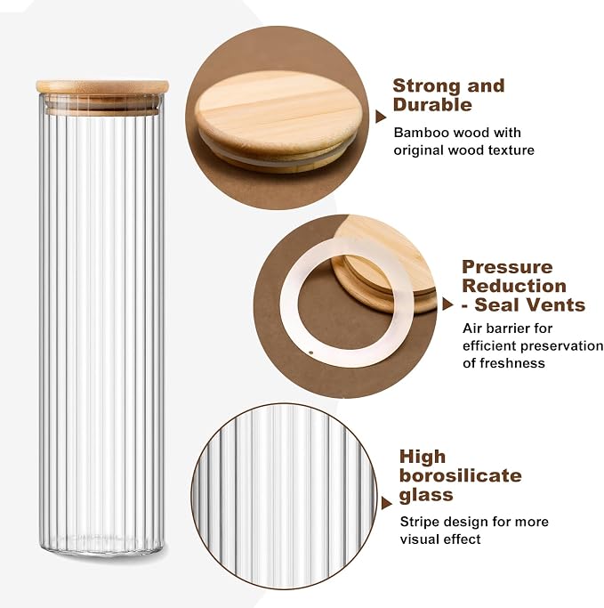 4 Pack 1100ml/37.2oz Airtight Glass Storage Jars with Lids - Cereal Flour Storage Containers - Pasta Jars for Storage - Kitchen Canisters for Oats,Nuts,spaghetti