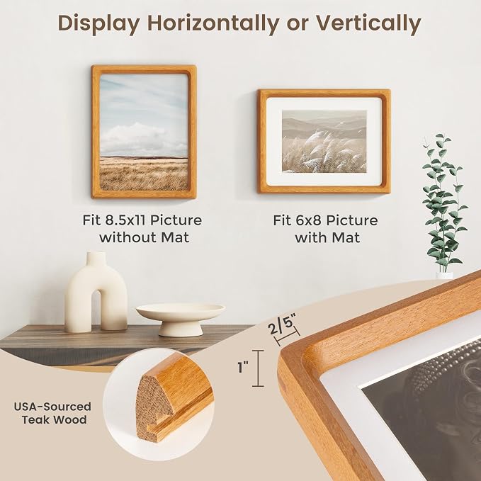 8.5 by 11 Picture Frame, USA-Sourced Teak Wood Photo Frame with HD Tempered Glass, Handcrafted Rounded Corner 8.5 x 11 Picture Wooden Frames Matted to 6x8 Photos, Tabletop or Wall Display-2p | Hd Tempered Glass