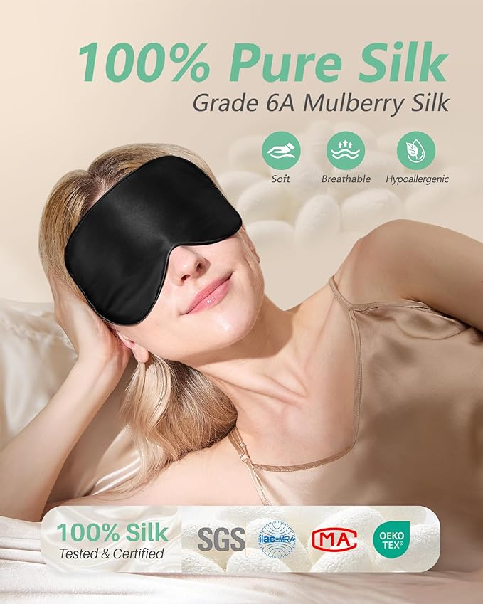 BeeVines Sleep Mask, 4 Packs 100% Real Natural Pure Silk Eye Masks with Adjustable Strap for Sleeping, Mulberry Silk Eye Sleep Shade Cover, Block Light Reduces Puffy Eyes Traveling Gifts(Black)