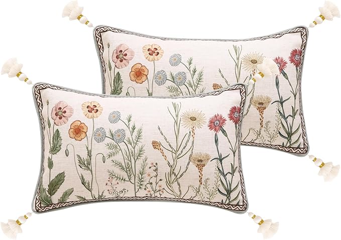 ISAENNE Design Linen Throw Pillow Covers 12"x20" Pack of 2, Lumbar Farmhouse Cushion Covers with Colorful Watercolor Wildflower Pattern for Bed, Living Room, Outdoor, Car