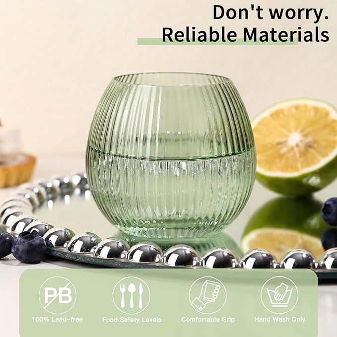 JOVGANK Green Ribbed Drinking Glasses Set of 6-10.8 OZ Stemless Wine Champagne Whiskey Cocktail Glass, Reusable Wine Cups for Home Party Wedding Bar