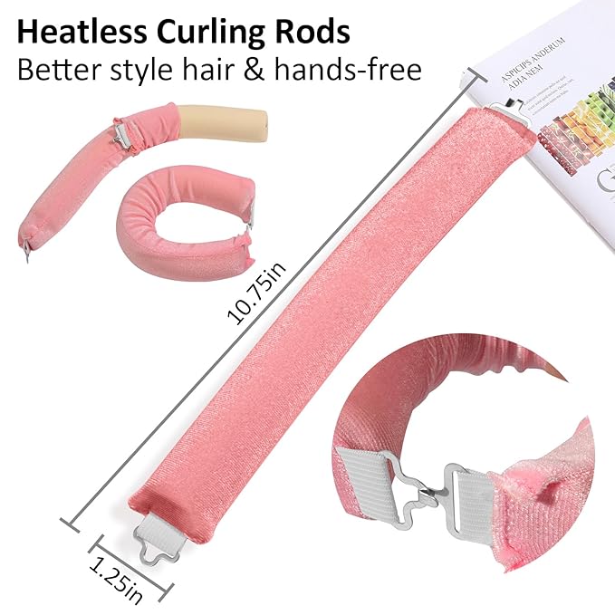 Heatless Curlers, Heatless Curls Overnight Set for Women, Soft Hair Curlers to Sleep In, Jumbo No Heat Hair Curlers Set with Headscarf and Hook for Long Hair - 6Pcs Pink