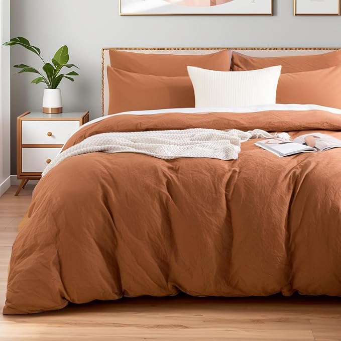 NEXHOME PRO Duvet Cover Set 100% Washed Cotton Oversized Queen 98"x98", Organic Natural Linen Look Textured 3 Pieces Bedding Set Terracotta Burnt Orange with Zipper Closure, Soft (No Comforter)