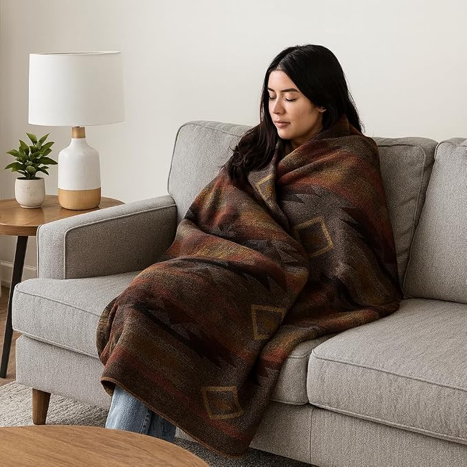 Alpaca Wool Blanket, Throw Size 78 x 47, Reversible 2 in 1, Thick and Ultra Soft, Hypoallergenic, Non-Itchy, Handmade in Ecuador. Premium Alpaca Wool Thtow Blanket for Cozy Comfort.(Brown and Orange)