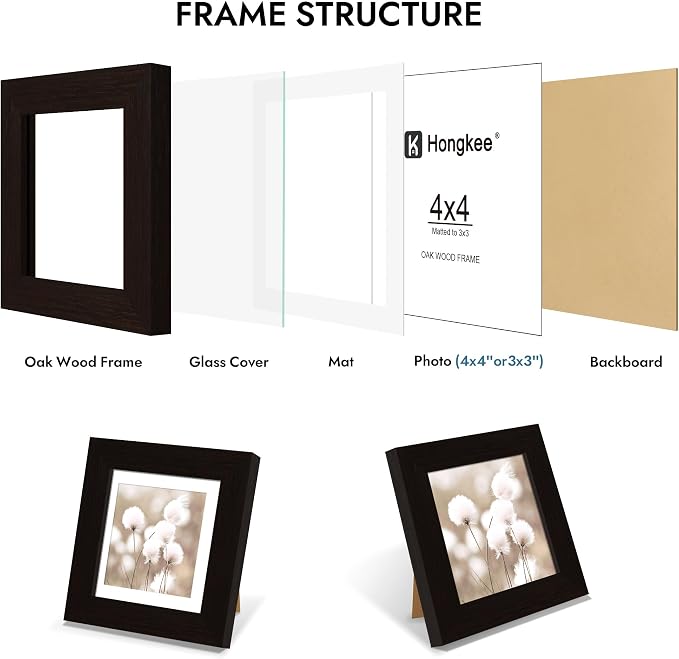 Hongkee 4x4 Oak Wood Picture Frame 1 Pack(Matted 3x3) with Real Glass Cover | Black, 4 x 4 Solid Wood Frame for Wall or Tabletop Display - Includes Easel Back, Vertical Hang - Ideal for Home, Office