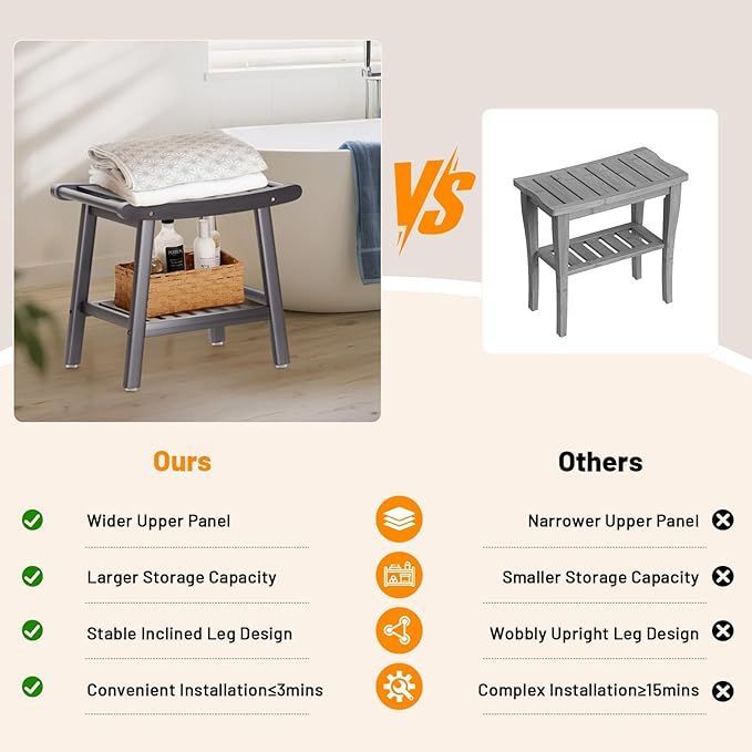 LEJANEOYE Bamboo Shower Bench Stool, Shower Chair for Inside Shower with 2-Tier Storage Shelf, Waterproof Shower Seat for Shaving Legs, Spa Bathroom Shower Bench-Grey