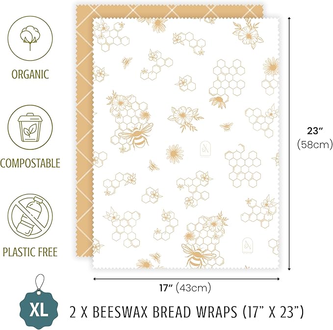 Nectar & Nest Beeswax Wraps for Food - Bread Wraps - Reusable Bread Storage Bags - Organic & Eco-Friendly Alternative to Aluminum Foil, Sourdough Bags & Plastic Wrap, Honeycomb Twill