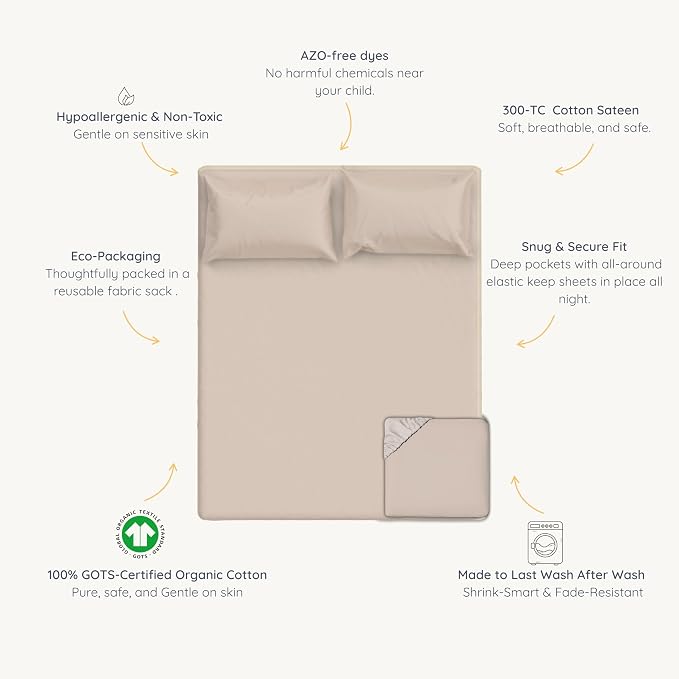 MakeMake Organics Organic Queen Fitted Sheet Set GOTS Certified Organic Cotton Fitted Sheet with 2 Pillowcase Ultra Soft Non Toxic Breathable Hypoallergenic Colorful Neutral (Queen, Solid Pecan)