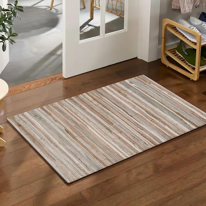 WeWove Hand Woven Chindi Rug Cotton - Boho Rustic Farmhouse Area Accent Throw Rug - Area Floor Carpet for Bedroom Living Room Kitchen Dorm Entryway Hallway - 20x32 inch Area Rug Beige Multi