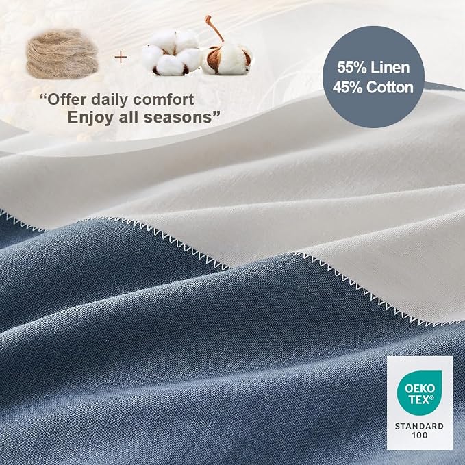 Simple&Opulence French Linen Duvet Cover Set with Stripe 104”x92”, 3 Pieces(1 Comforter Cover and 2 Pillow Shams) Rustic Natural Flax Cotton Blend(King,White and Navy)