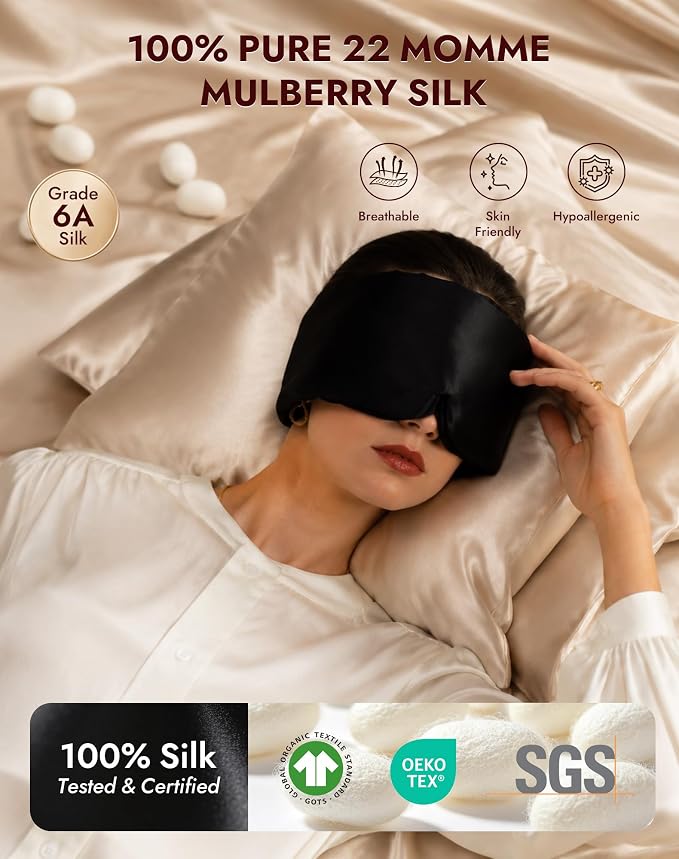 SilkSilky Silk Sleep Mask for Side Sleepers - 22 Momme 100% Mulberry Silk, Wide Face-Hugging 3D Eye Mask for Total Blackout, Zero Pressure & Adjustable Band for Women Men (Black)
