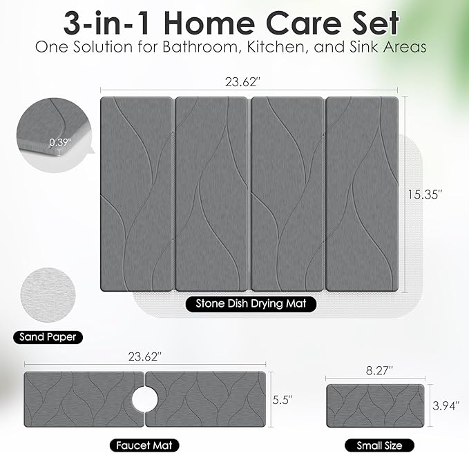 3 PCS Large Stone Dish Drying Mat for Kitchen Counter -24"x16" Absorbent Diatomaceous Earth Mat with Stone Faucet Mat & Soap Tray - Quick Dry, Collapsible, Non-Slip Countertop Organizer