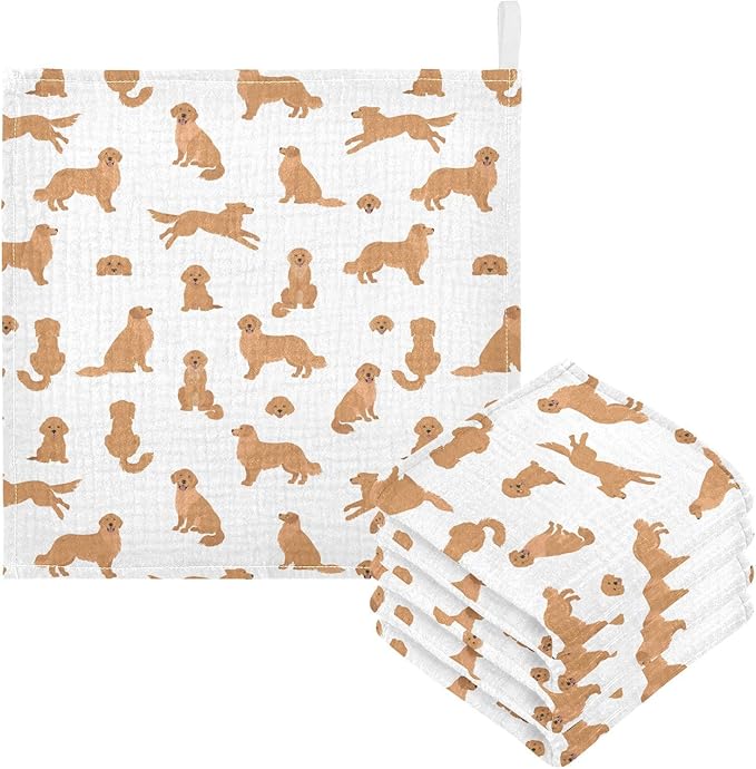 Baby Golden Retriever Dogs Muslin Washcloths 3 Pack - Muslin Burp Cloths Hanky Large 11.8"X11.8" Extra Soft Absorbent Baby Burp Rags for Newborn 100% Cotton for Boys Girls Gift