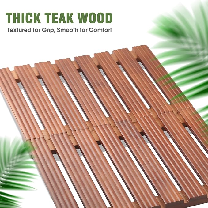 Teak Shower Mat, Foldable Luxury Wooden Shower Mat for Bathroom, Non-Slip Teak Bath Mat for Bathtub, Spa, Sauna, Pool, Indoor Outdoor Use, Wood Floor Mat for Home and Travel
