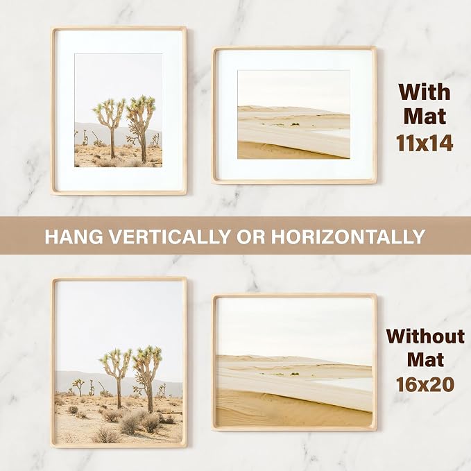 16 x 20 Picture Frame, USA-Sourced Maple Wood Photo Frames with HD Tempered Glass, Handcrafted Rounded Corner 16x20 Wooden Frames Matted to 11x14 Photos, Horizontal or Vertical Wall Display, 2 Pack