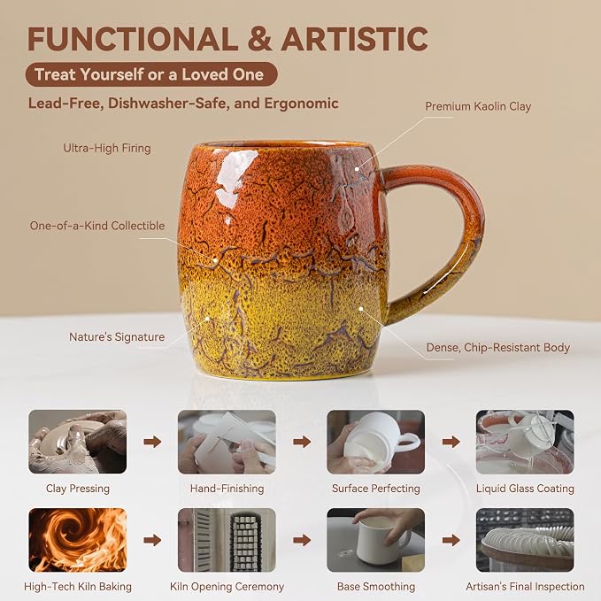 Handmade 22oz Ceramic Coffee Mug, Ergonomic Large Handle, Ideal Gift for Coffee Lovers, Microwave & Dishwasher Safe (Bas-Relief - Orange&Yellow)