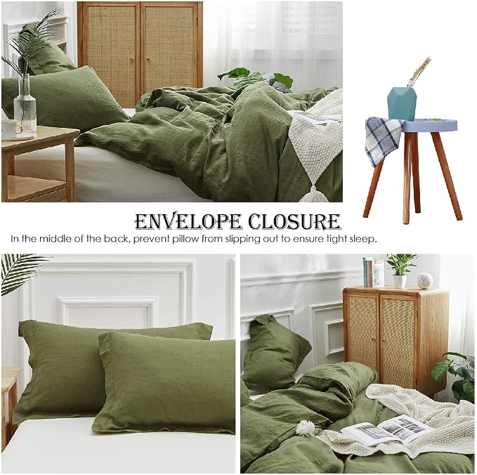 Simple&Opulence 100% Linen Duvet Cover Set 2pcs Basic Style Natural French Washed Flax Solid Color Soft Breathable Farmhouse Bedding with Button Closure - Olive Green, Twin